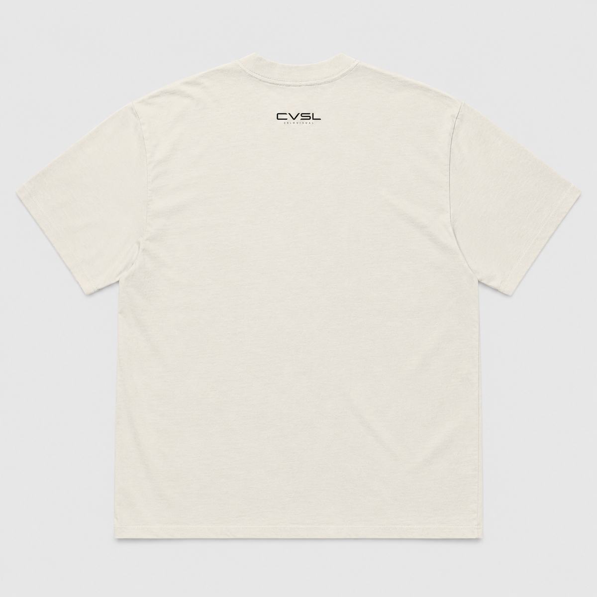 Beige t-shirt with a logo on the back against a white background