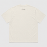 Beige t-shirt with a logo on the back against a white background