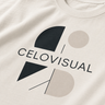 Beige sweatshirt with black geometric design and 'CELOVISUAL' text