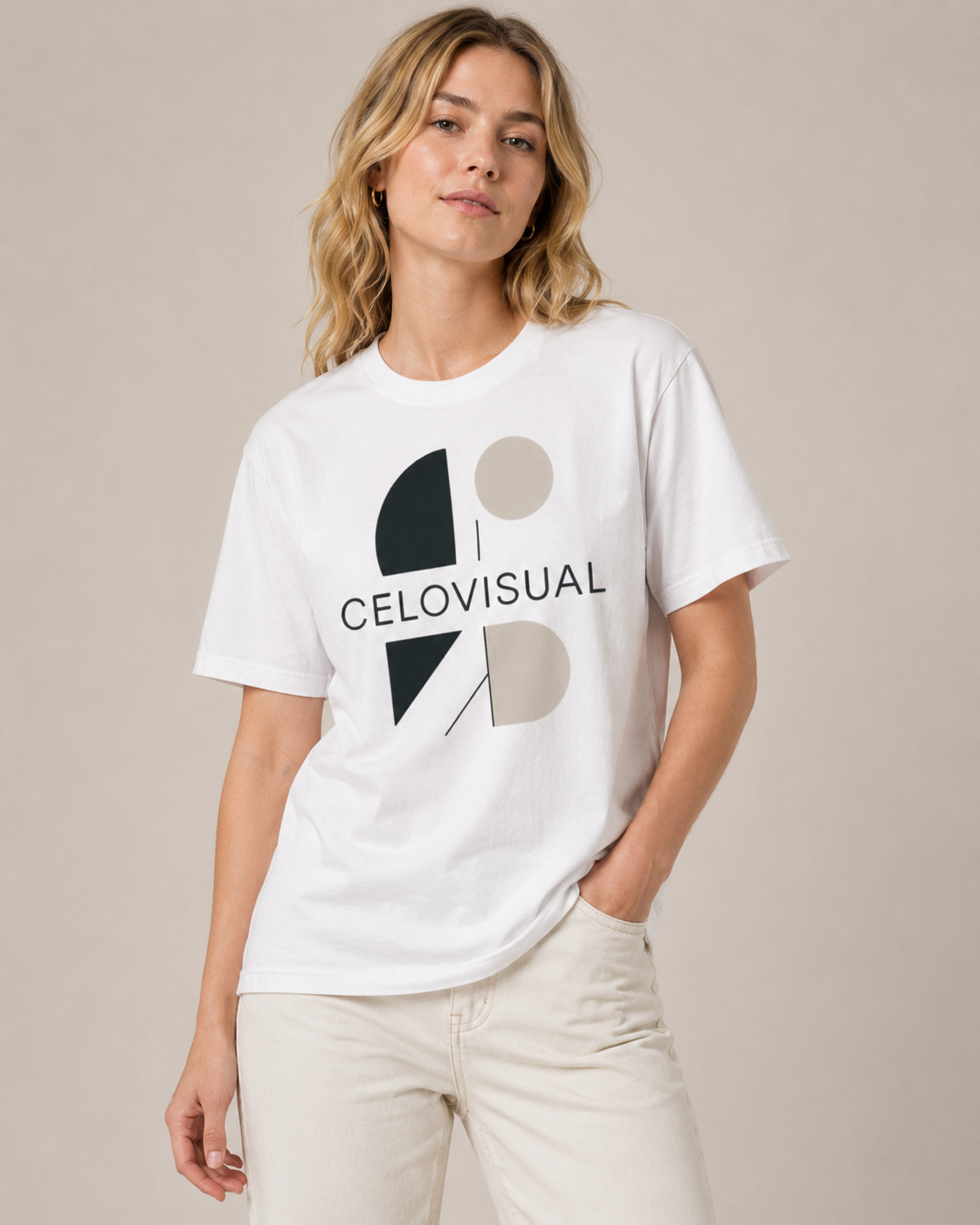 Woman wearing a white t-shirt with a logo and text on a beige background