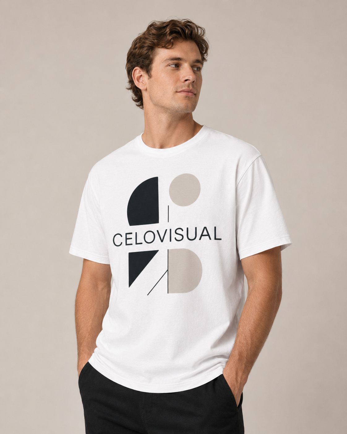 Man wearing a white t-shirt with a logo and text on a beige background