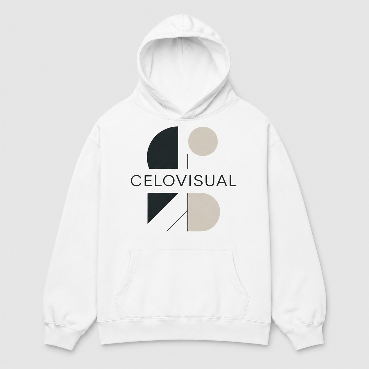 White hoodie with geometric design and 'CELIOVISUAL' text on a light gray background
