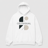 White hoodie with geometric design and 'CELIOVISUAL' text on a light gray background
