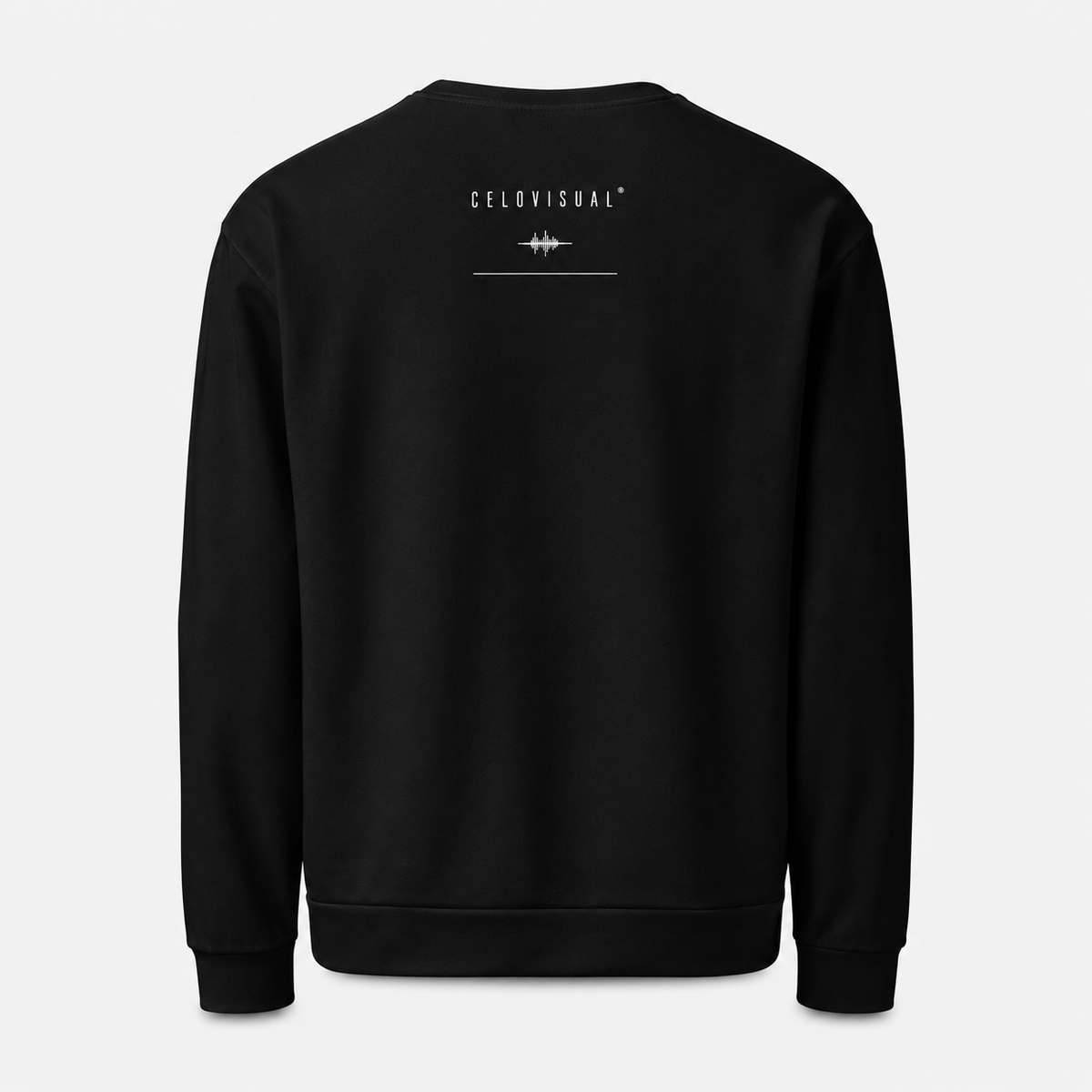 Black sweatshirt with white text on the back against a light gray background
