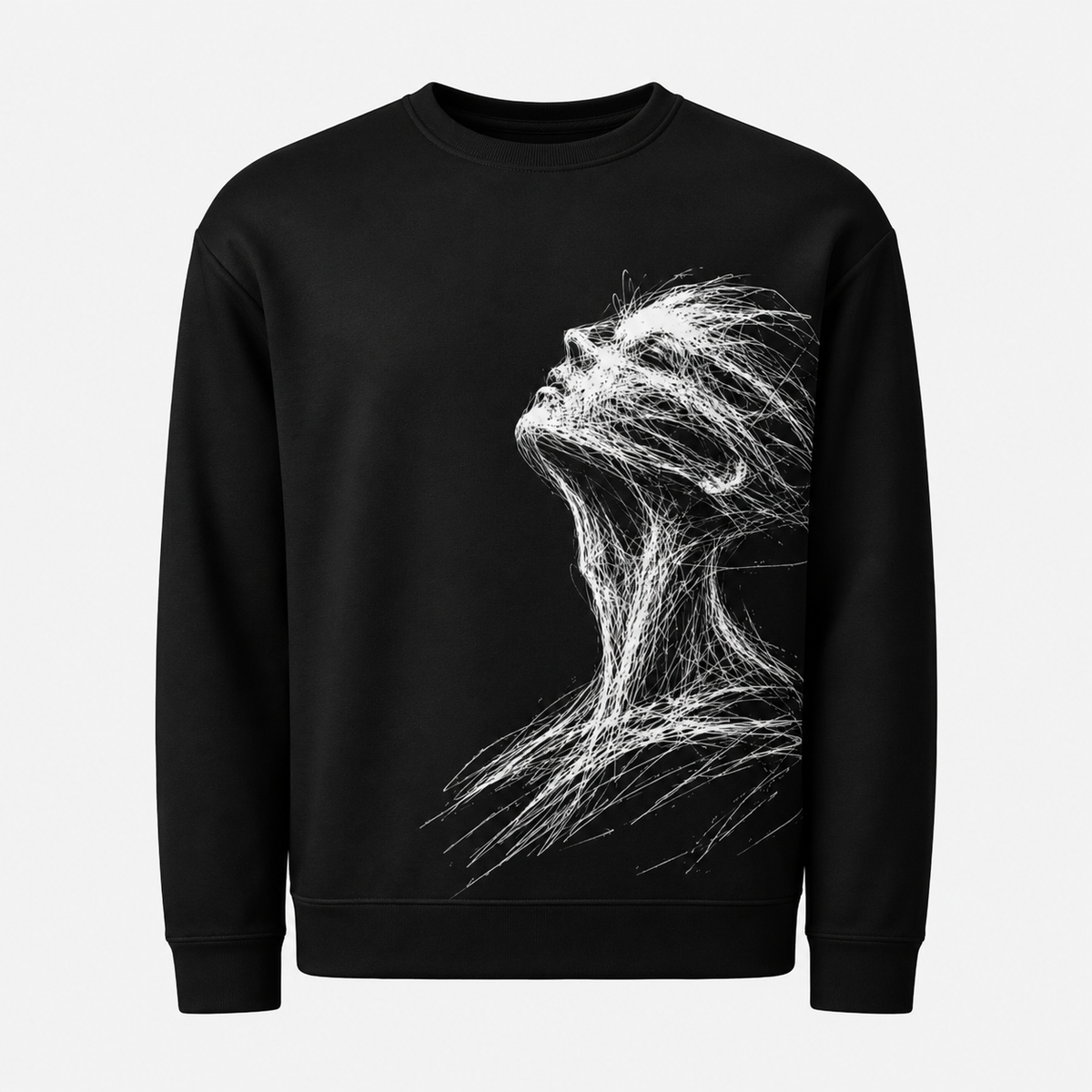 Black sweatshirt with a white artistic design on a light gray background