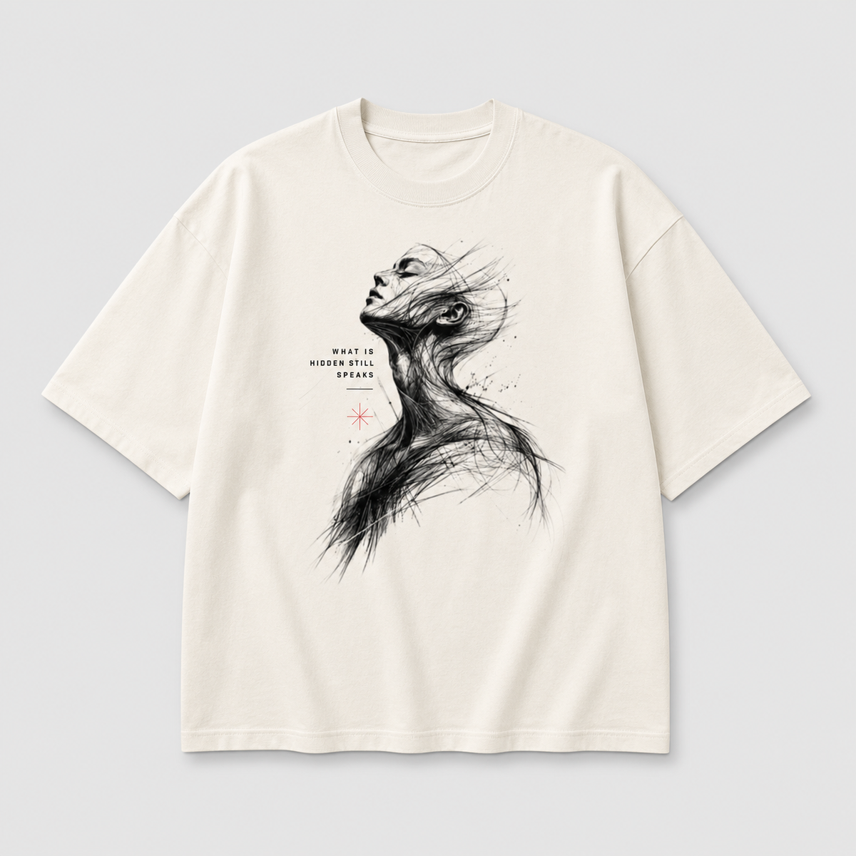 Beige t-shirt with black abstract design and text on a light gray background