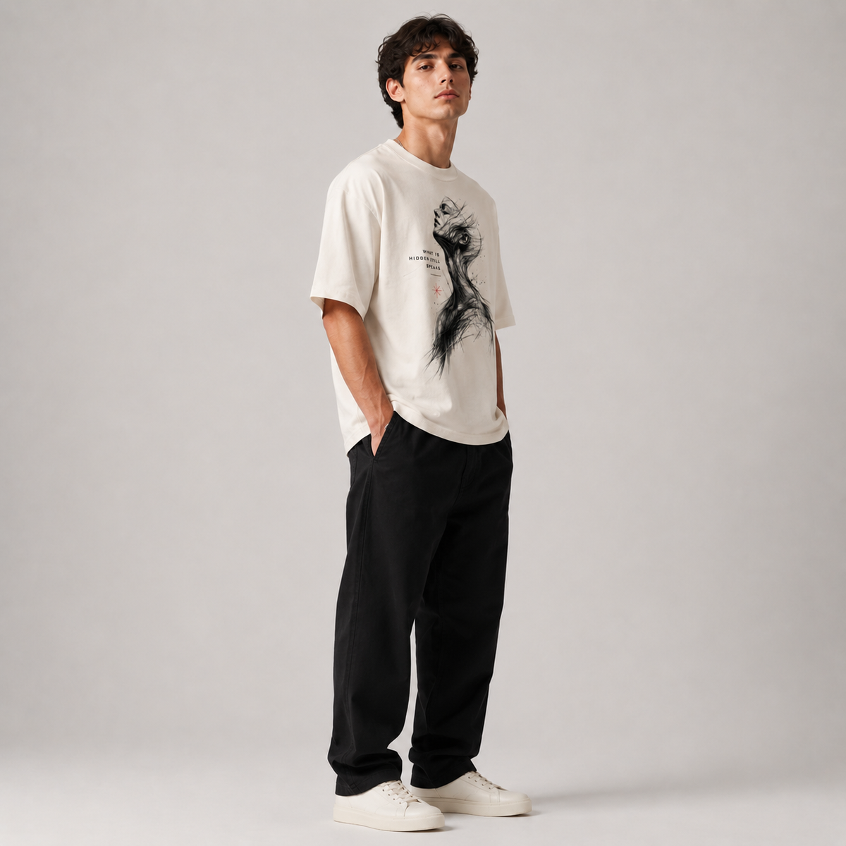 Man wearing a white t-shirt with a graphic design and black pants on a gray background