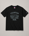 Black t-shirt with text and Champion logo on a gray background