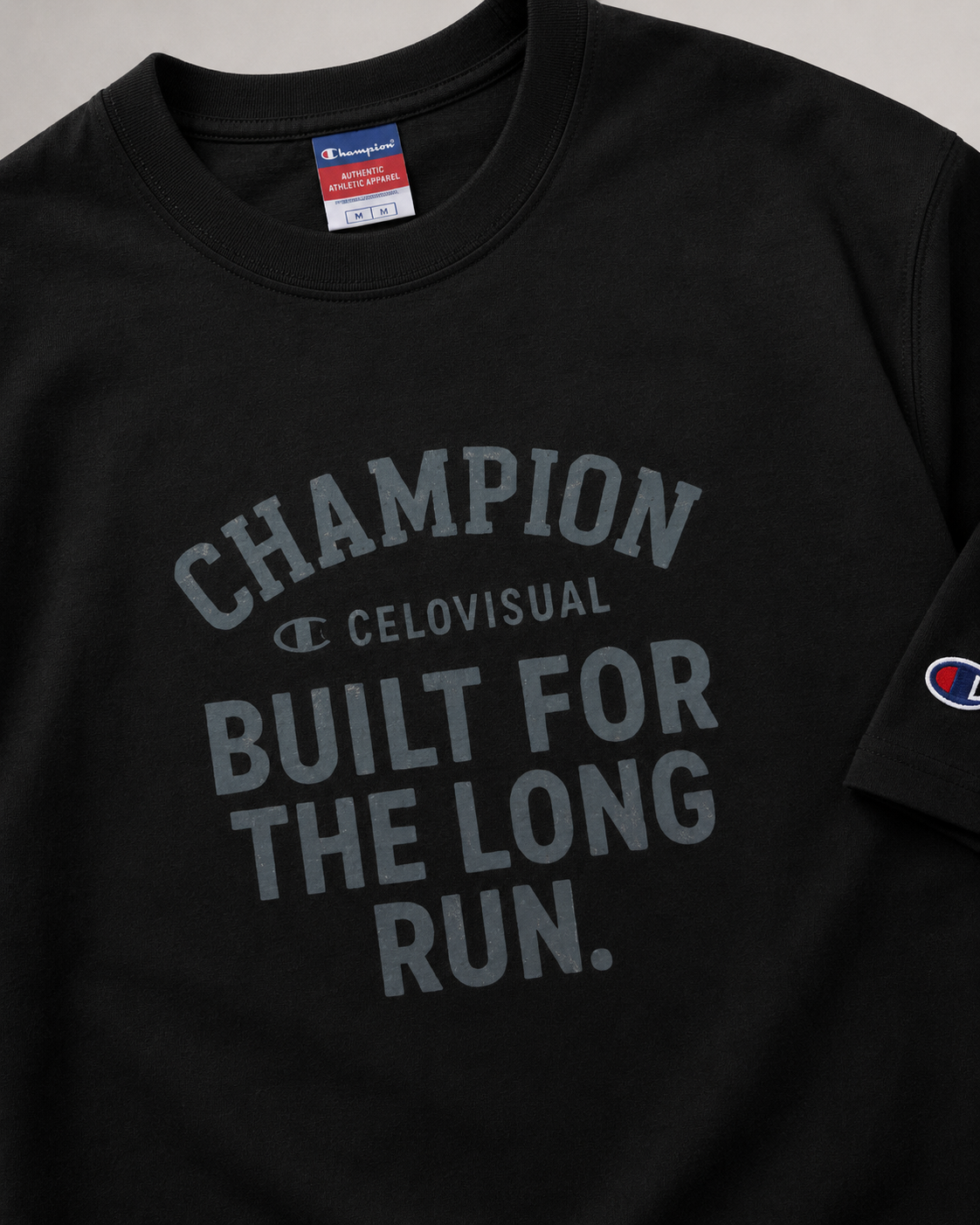 Black Champion sweatshirt with text and branding on a neutral background