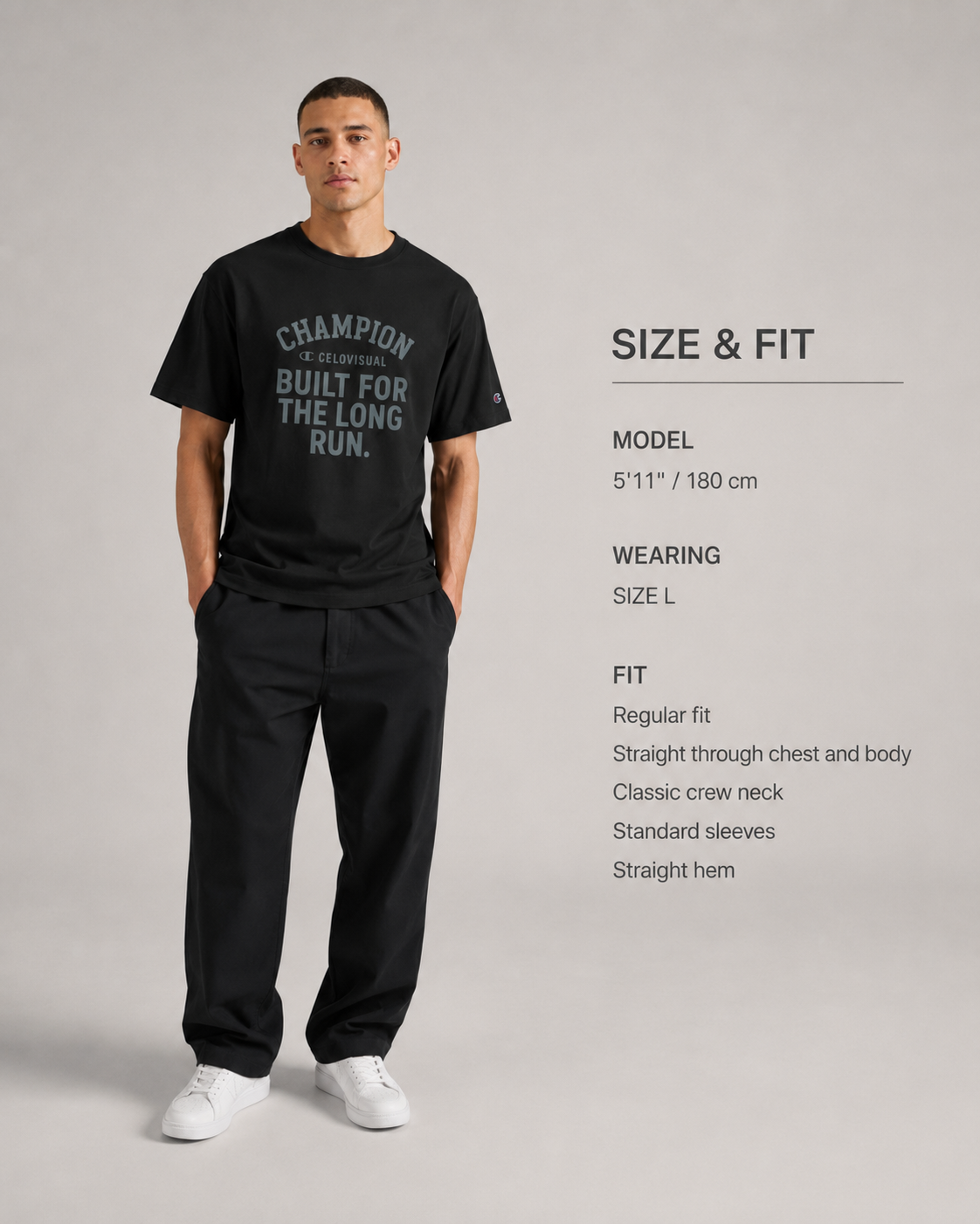 Man wearing a black t-shirt with text and black pants on a gray background, with size and fit information displayed.