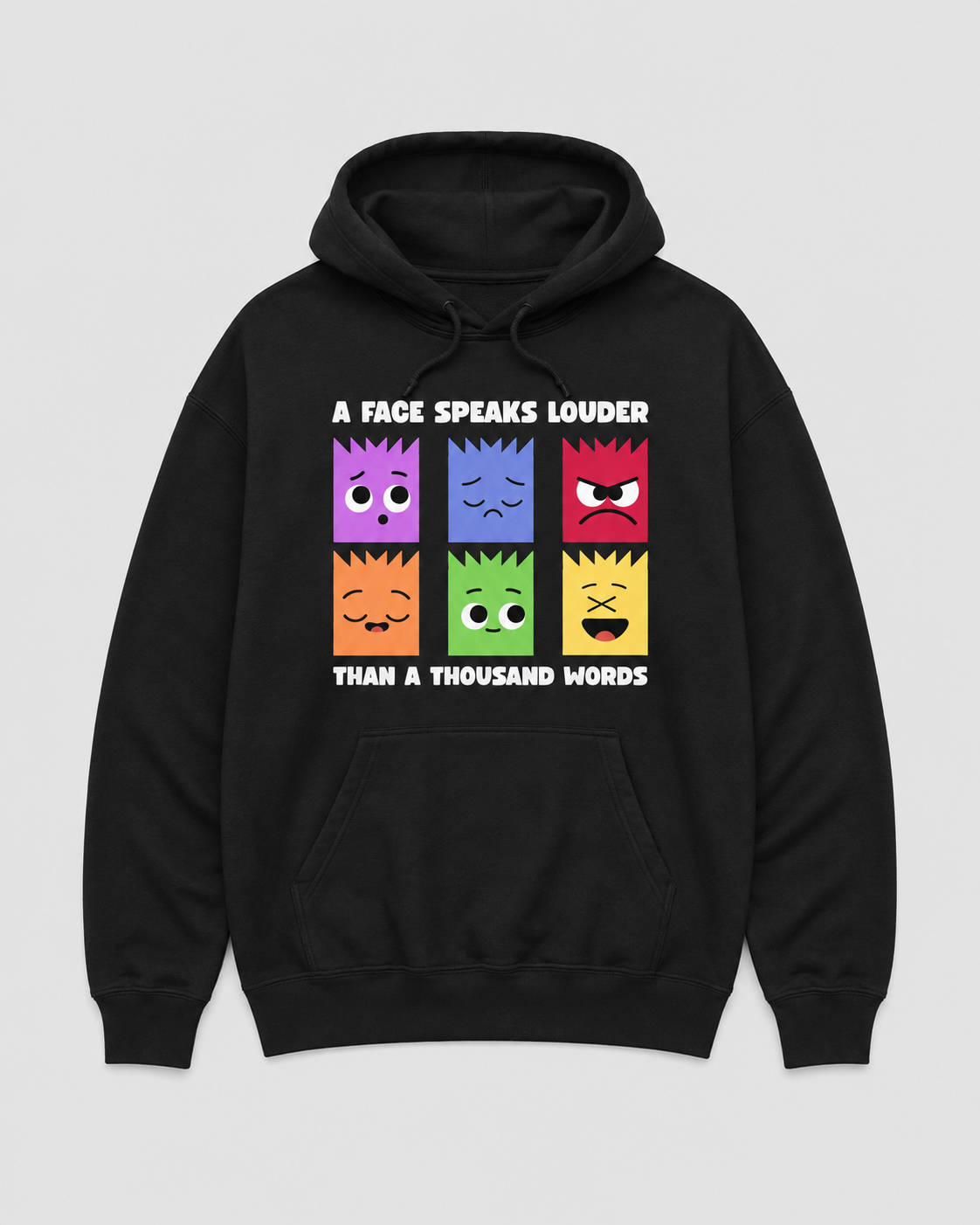 Black hoodie with colorful face表情 design and text on a gray background