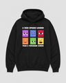 Black hoodie with colorful face表情 design and text on a gray background