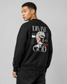 Person wearing a black sweatshirt with a graphic design on the back against a gray background