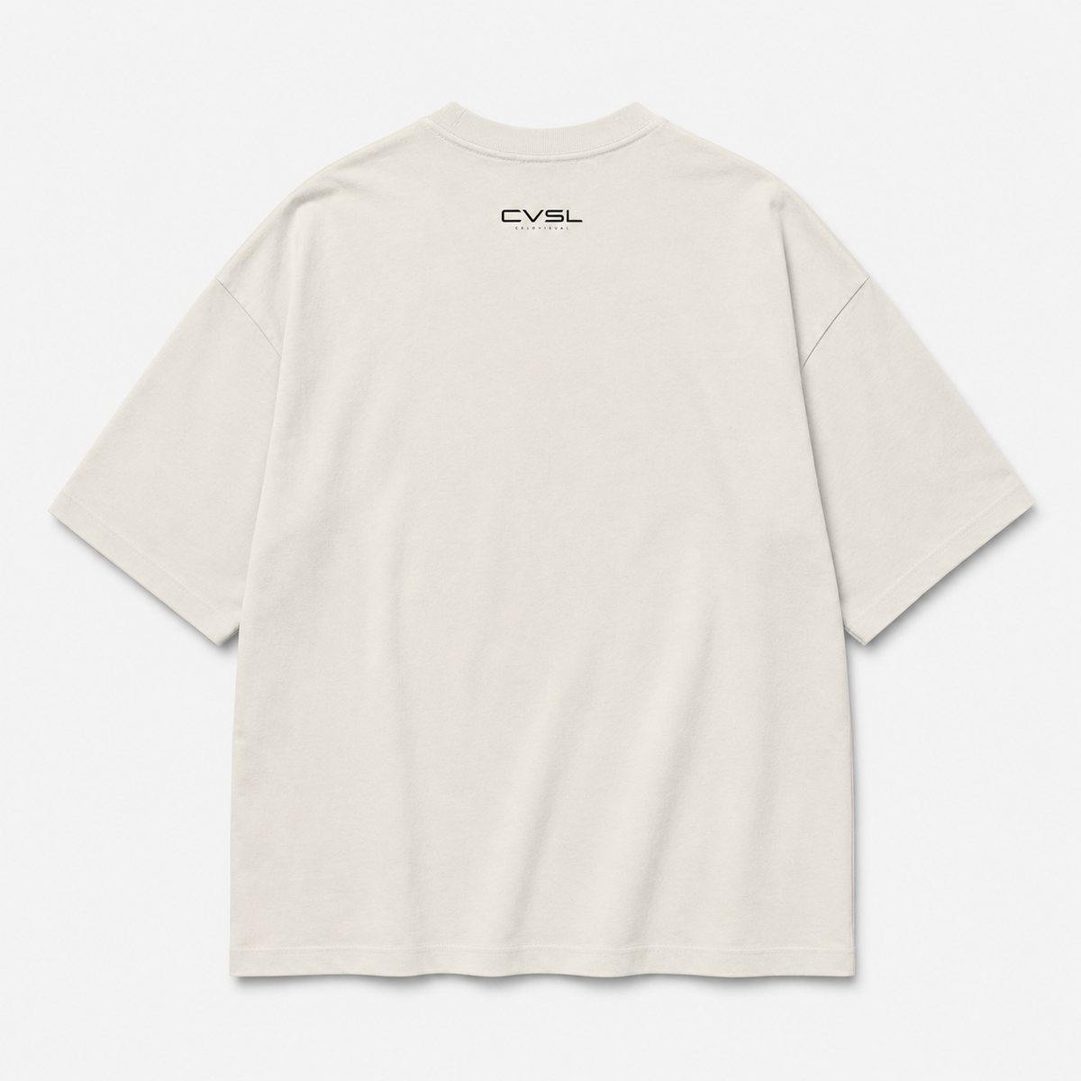 Beige t-shirt with 'CVSL' logo on the back against a white background