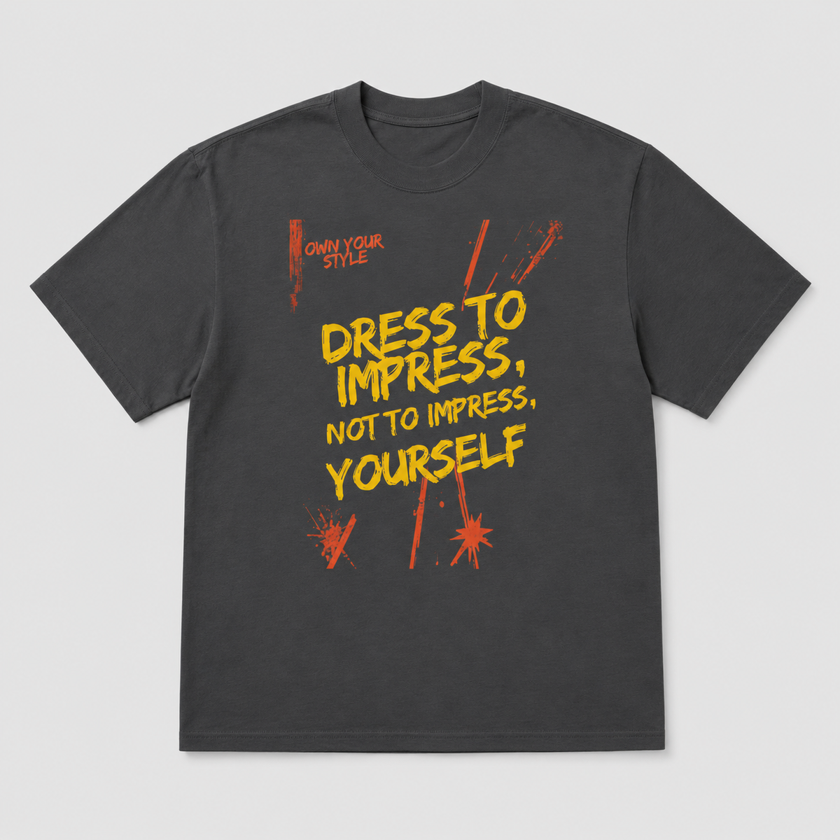 Gray t-shirt with yellow and red text on a light gray background