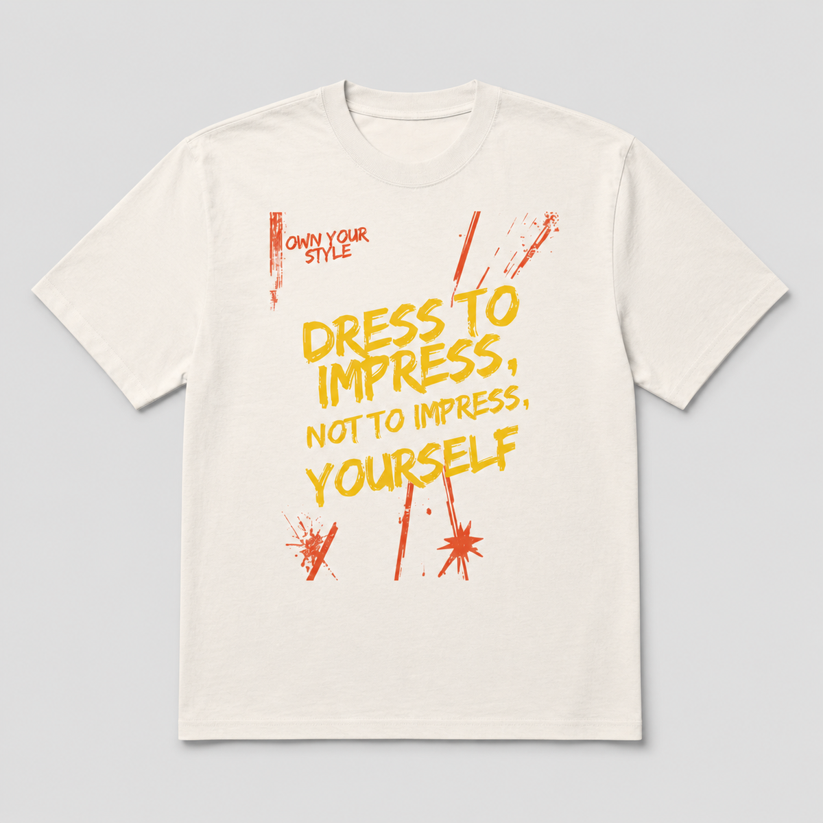 White t-shirt with yellow and red text on a light gray background