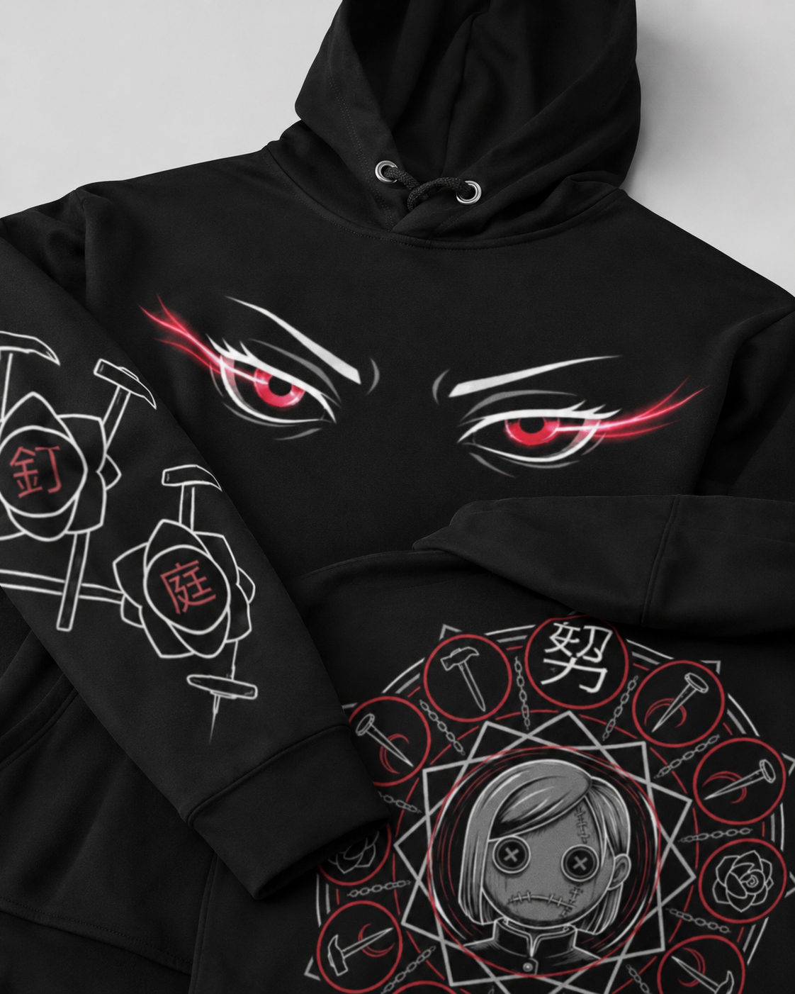 Black hoodie with eye design and symbols on a white background