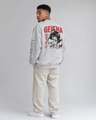 Person wearing a gray sweatshirt with 'Geisha' design on a plain background