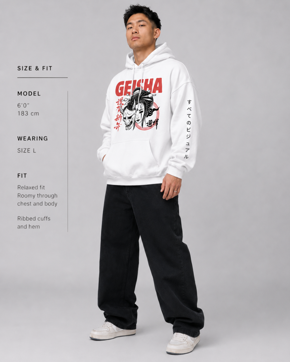 Person wearing a white hoodie with 'GEISHA' design on a gray background
