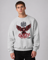 Person wearing a gray sweatshirt with a red and black eagle design and text on a plain background