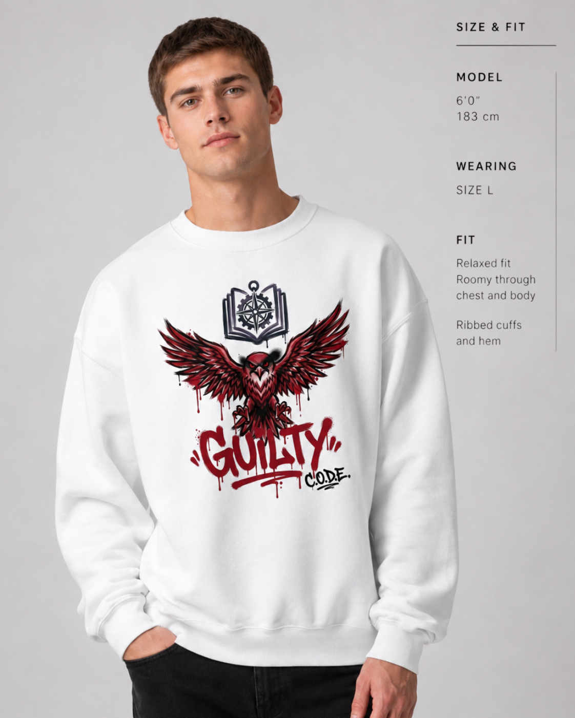 Man wearing a white sweatshirt with a red and black eagle design and text on a gray background