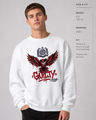 Man wearing a white sweatshirt with a red and black eagle design and text on a gray background