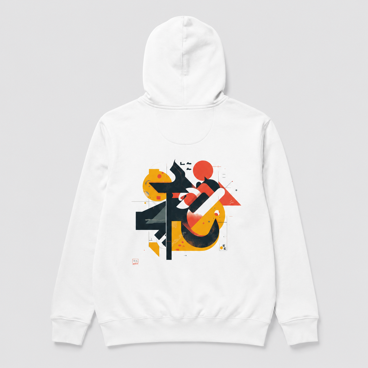 White hoodie with abstract design on a gray background