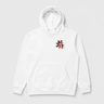 White hoodie with red and black text on a light gray background
