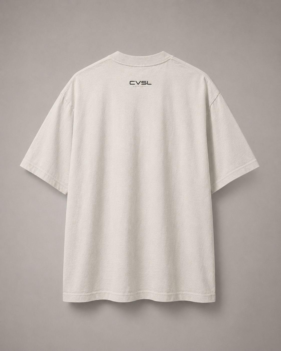 Beige t-shirt with 'CVSL' logo on a gray background
