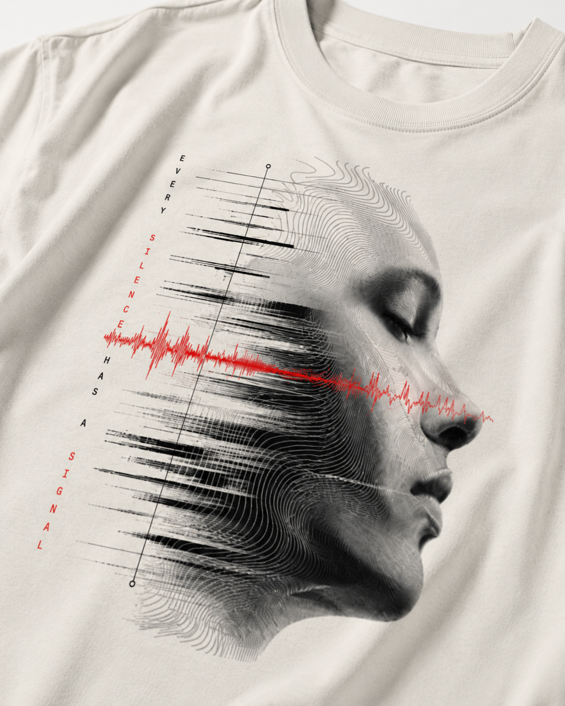 T-shirt with a graphic design of a face and sound wave, text 'Every silence has a signal', on a beige background.