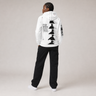 Person wearing a white hoodie with black graphics and text on the back, standing against a plain background.