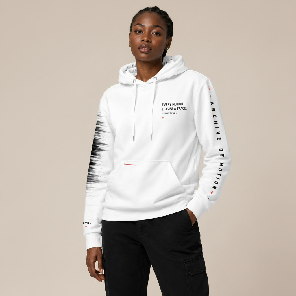 Model wearing a white hoodie with text and black pants on a beige background