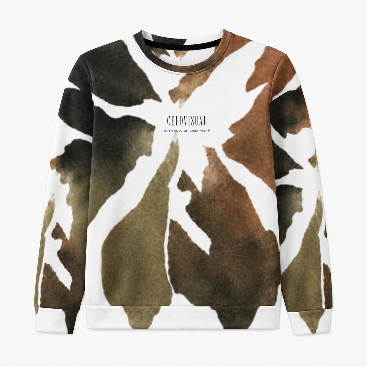 Sweatshirt with abstract brown, white, and black design on a white background