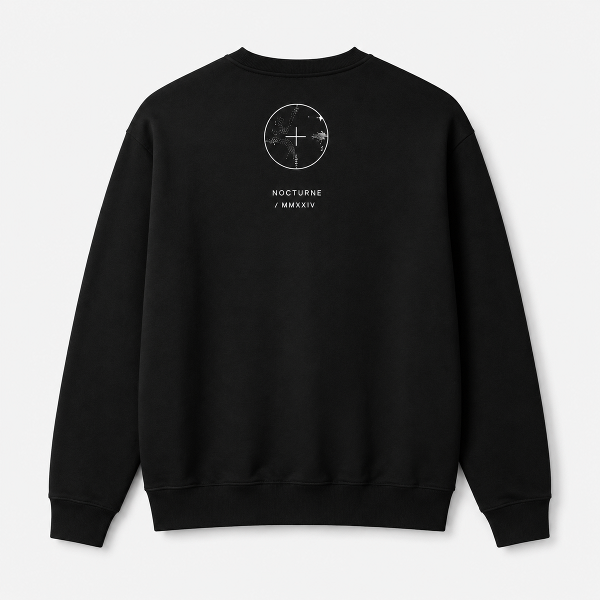 Black sweatshirt with a design and text on the back against a white background