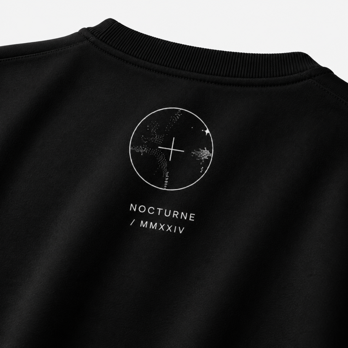 Black sweatshirt with a white logo and text on a light gray background