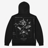 Black hoodie with a rose design on the back against a white background