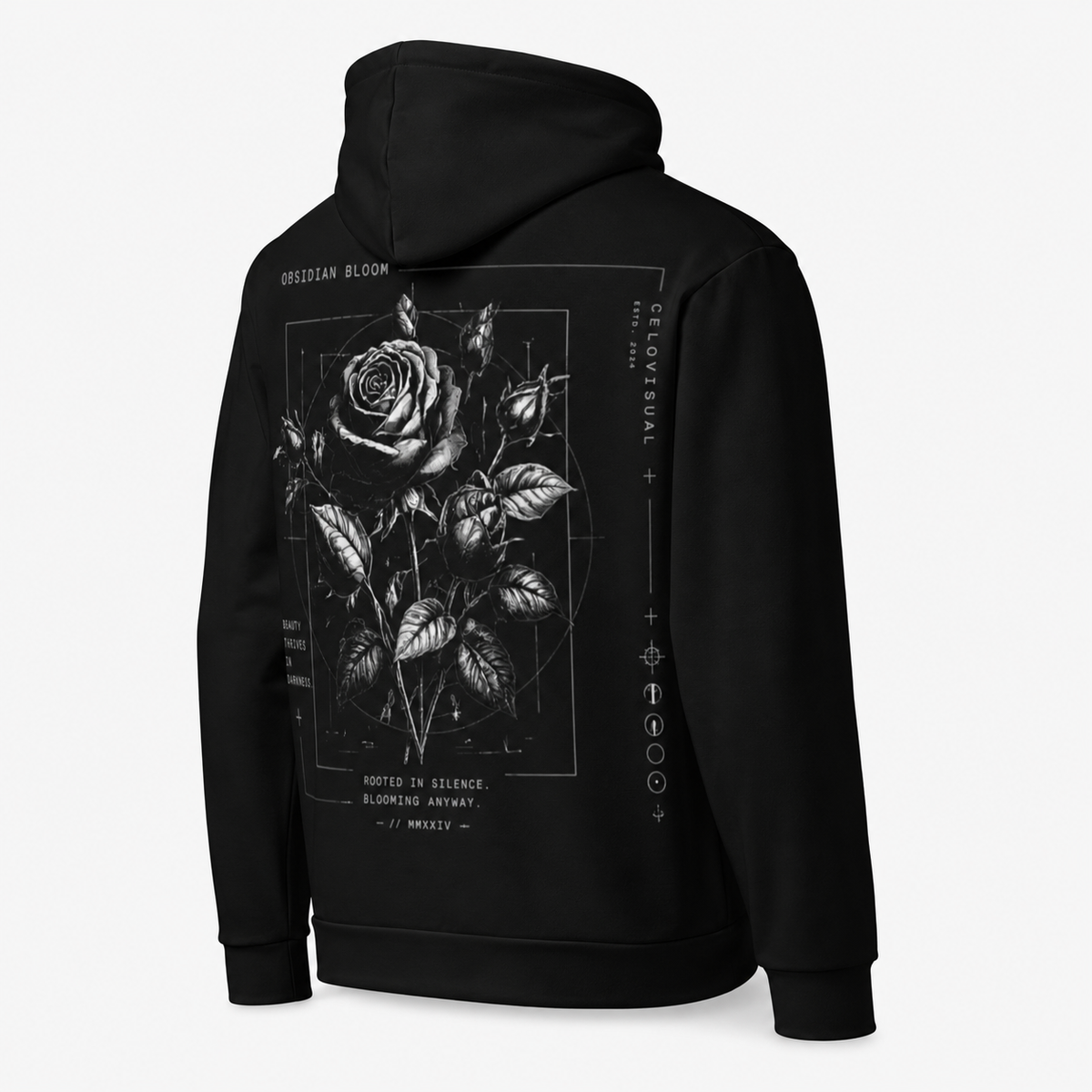 Black hoodie with a rose design on the back against a white background