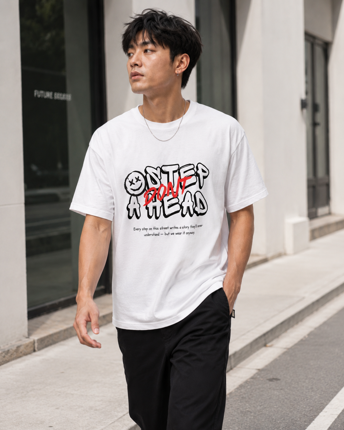 Man wearing a white t-shirt with black text and graphics on a city street.