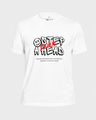 White t-shirt with black and red text design on a white background