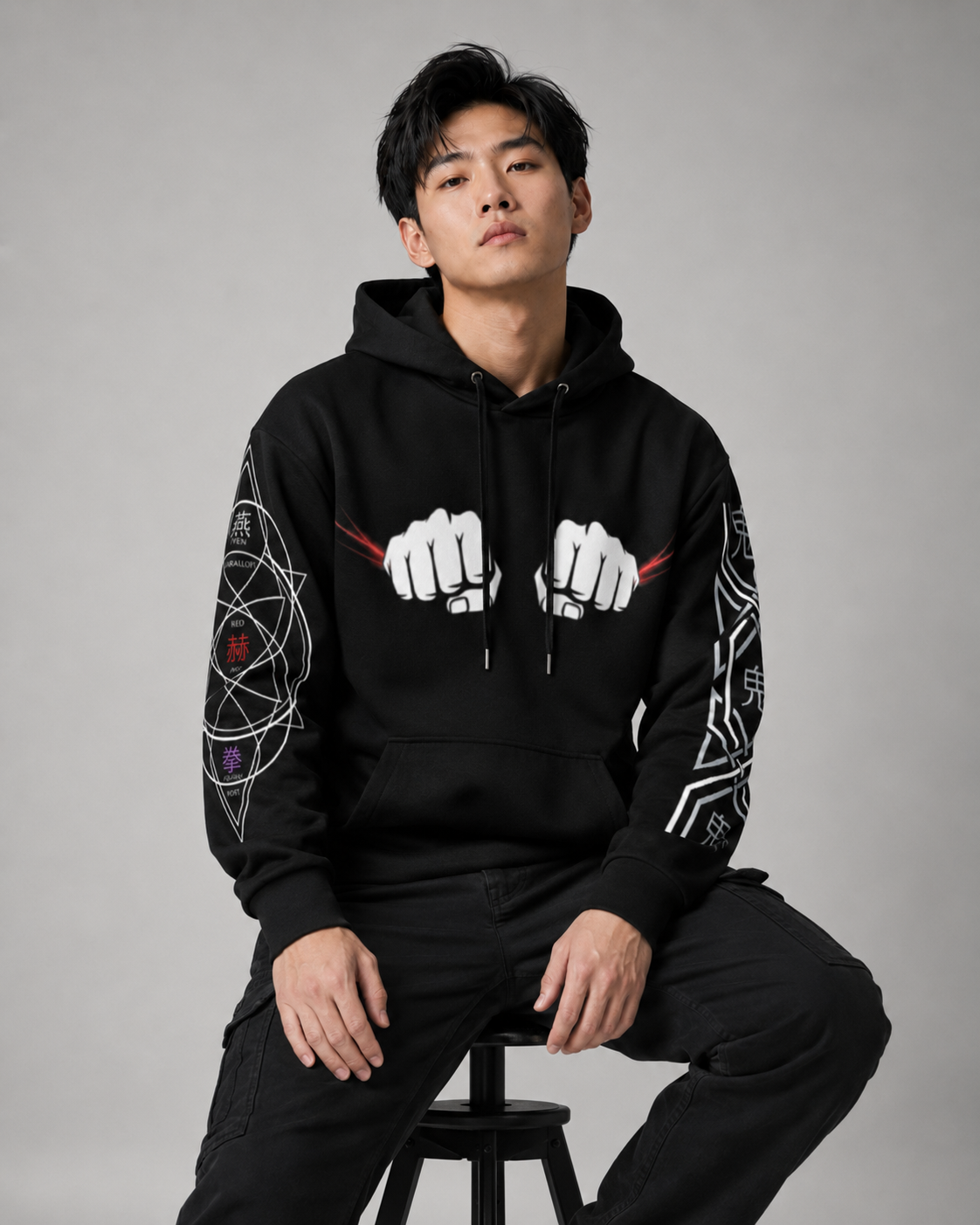 Person wearing a black hoodie with white fist designs on a gray background