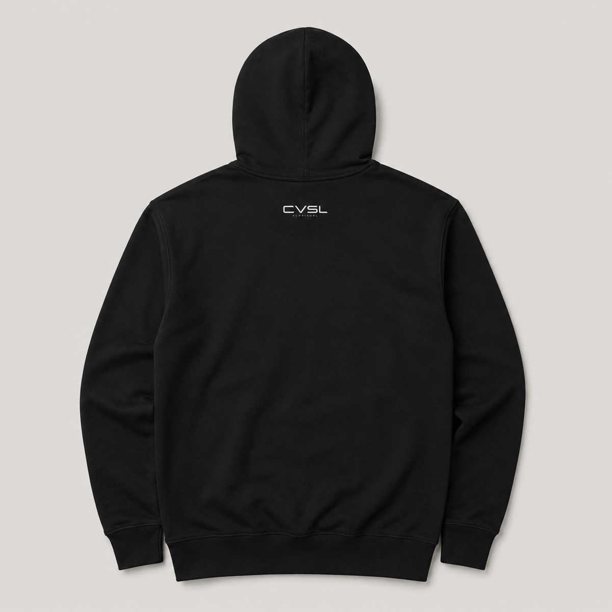 Black hoodie with 'CVSL' logo on the back against a light gray background