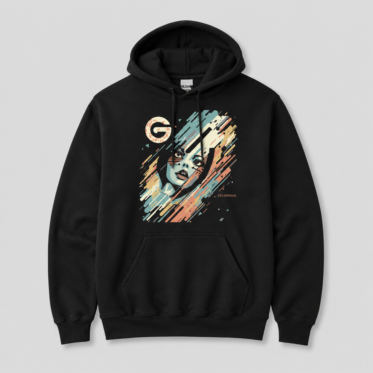 Black hoodie with a graphic design on a light gray background