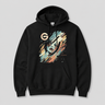 Black hoodie with a graphic design on a light gray background