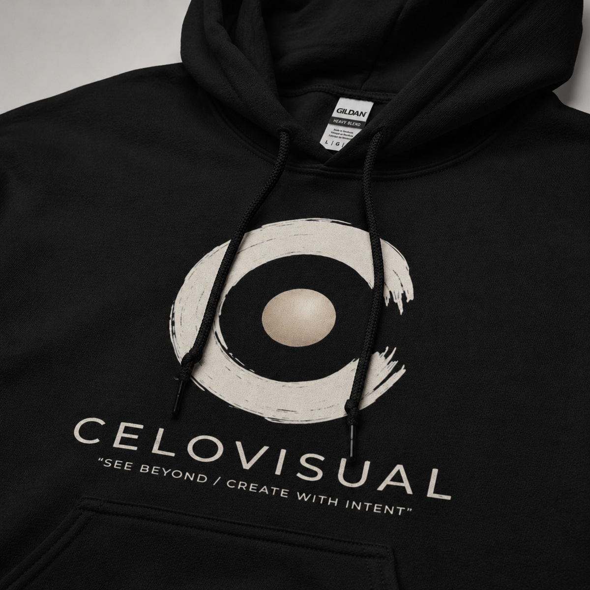 Black hoodie with a circular logo and 'CELVISUAL' text on a plain background