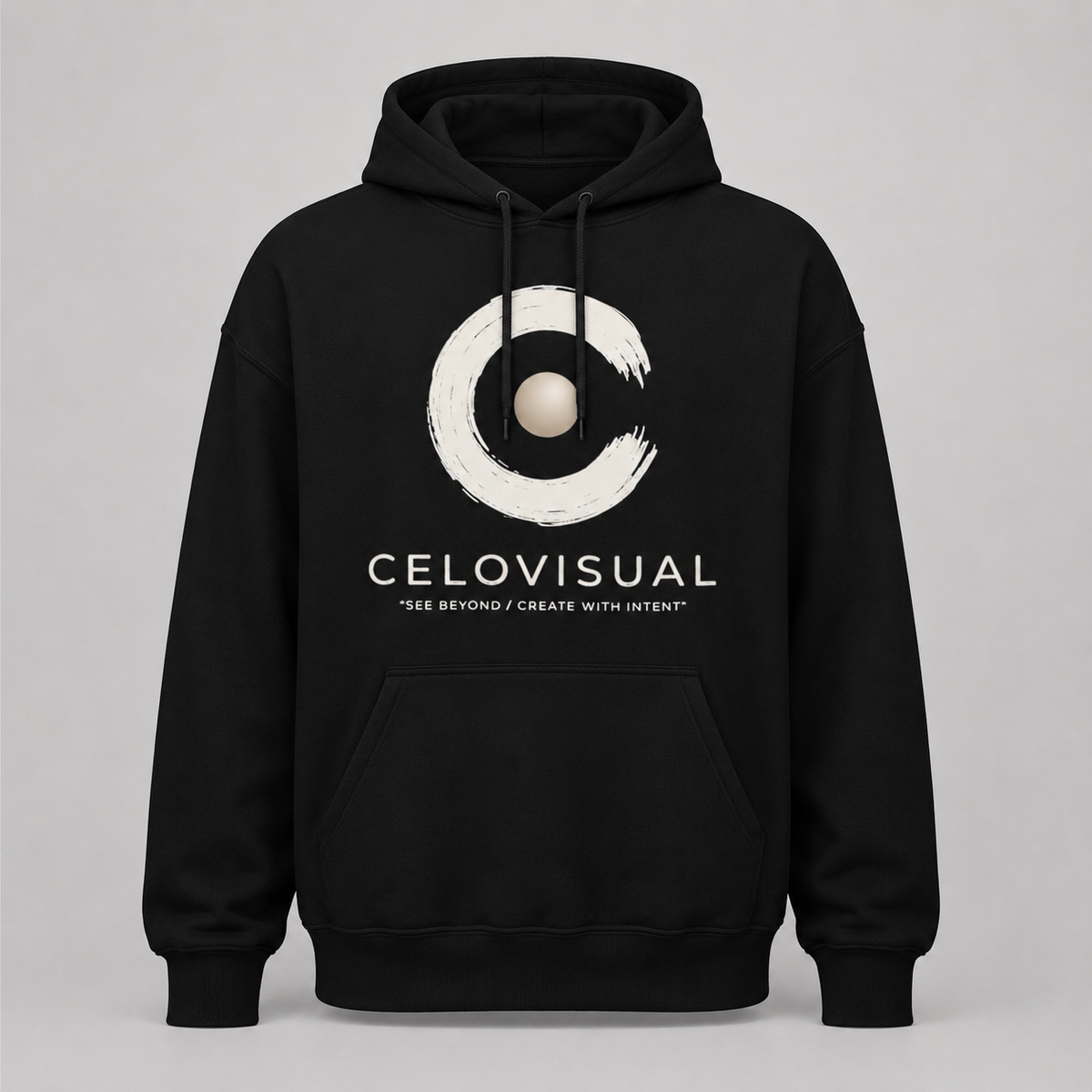 Black hoodie with a white logo and text on a gray background