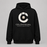 Black hoodie with a white logo and text on a gray background