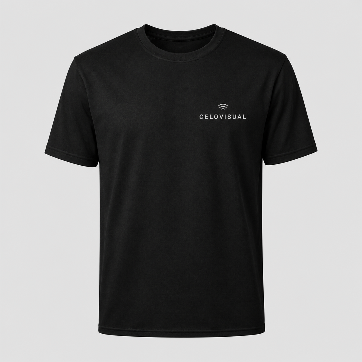 Black t-shirt with 'CELVISUAL' logo on a light gray background