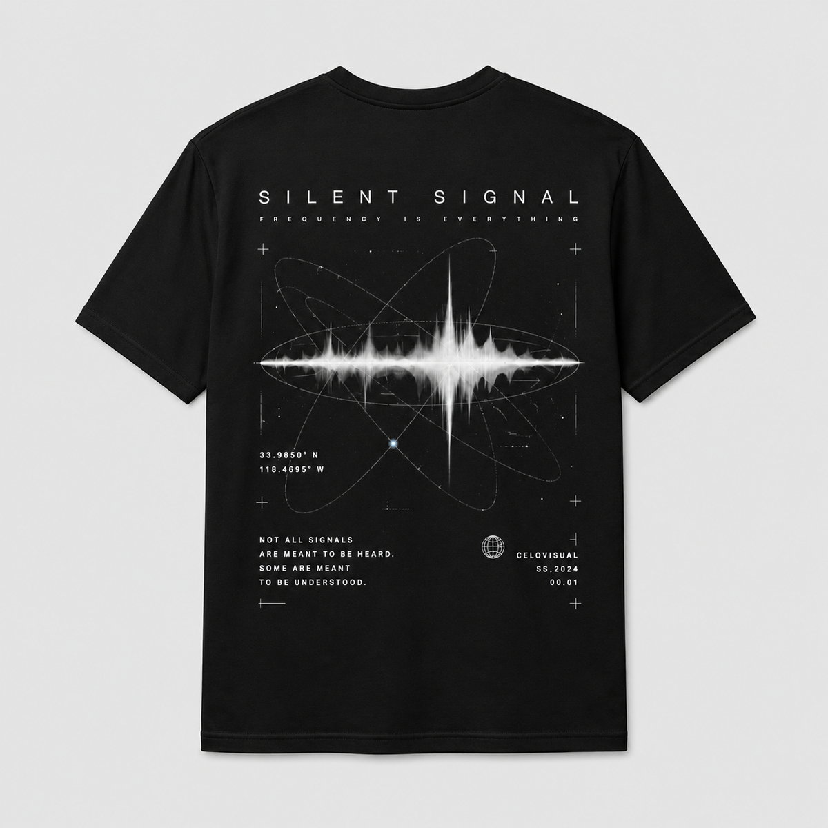Black t-shirt with white graphic design and text on a light gray background