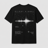 Black t-shirt with white graphic design and text on a light gray background