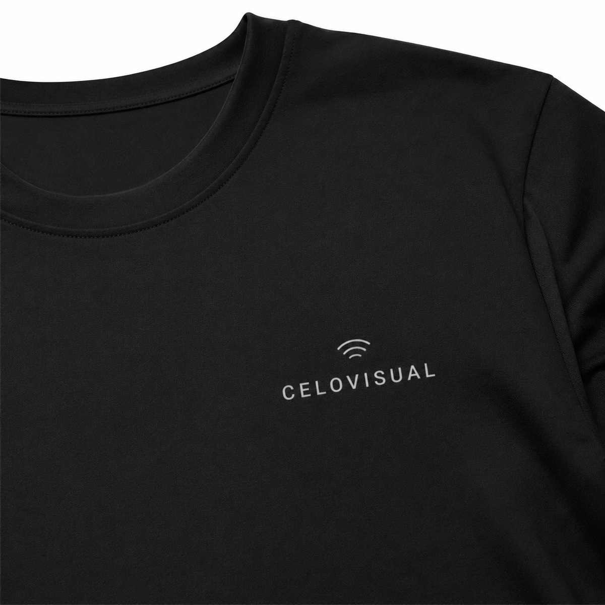 Black t-shirt with 'CELOVISUAL' logo on a white background